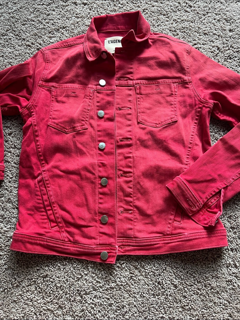 L’Agence Red Distressed Celine Denim Jacket Size M EUC